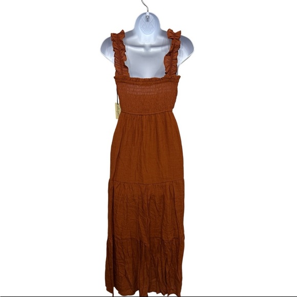 Rust Smocked Ruffle Strap midi Dress - Picture 9 of 11